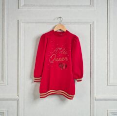 Kalp İşlemeli Şık Kırmızı Tasarım Coton Elbise