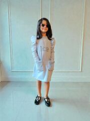 Mavi, Cepleri Kürklü, Şık Tasarım Kız Çocuk Elbisesi