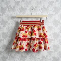 Bej Üzerine Kırmızı Gül ve Taç Desenli Katlı Kız Çocuk Eteği – Zarif ve Masalsı Tasarım