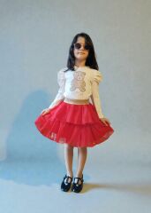 Kırmızı Tül Katlı Etek & Işıltılı Bluz – Şık Kız Çocuk Takımı