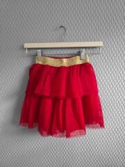 Kırmızı Tül Katlı Etek & Işıltılı Bluz – Şık Kız Çocuk Takımı