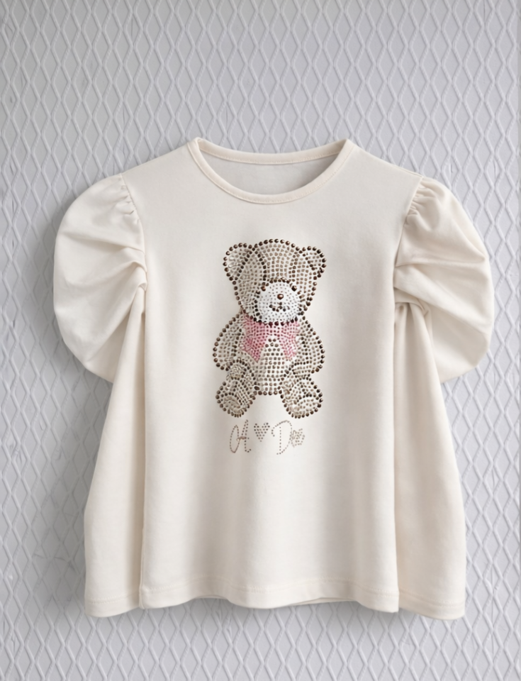 4-14 Yaş Kız Çocuk Krem Ayıcıklı Taşlı Bluz