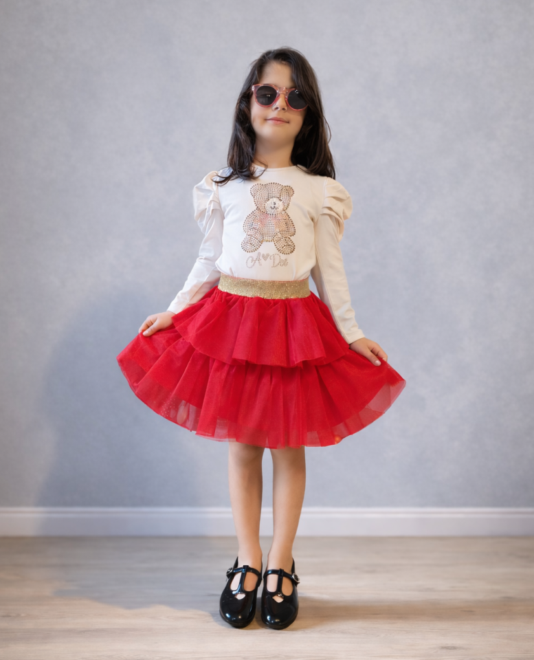 4-14 Yaş Kız Çocuk Krem Ayıcıklı Taşlı Bluz