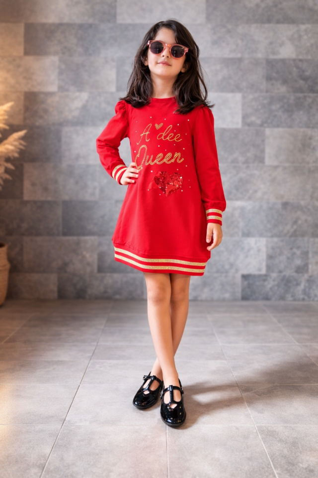 3-12 Yaş Kız Çocuk Kırmızı Sweat Elbise Gold Taş Detaylı