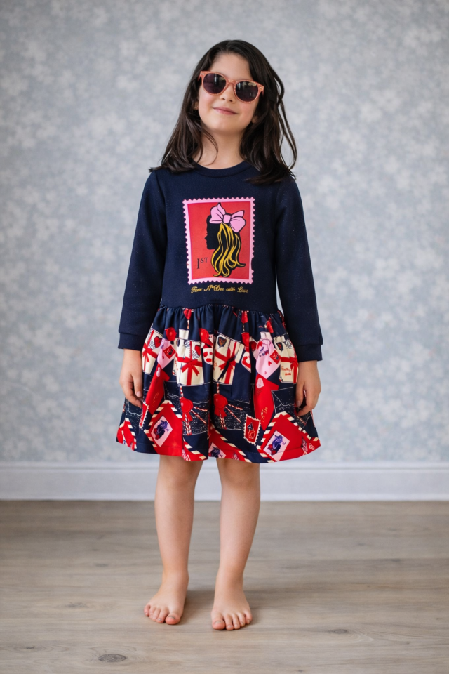 6-12 Yaş Kız Çocuk Lacivert Desenli Elbise Modern Baskılı