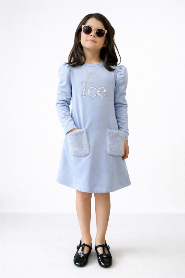 4-8 Yaş Kız Çocuk Açık Mavi Kürk Cep Detaylı Elbise