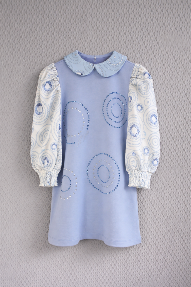 2-5 Yaş Kız Çocuk Mavi Elbise Taş Detaylı Peter Pan Yaka