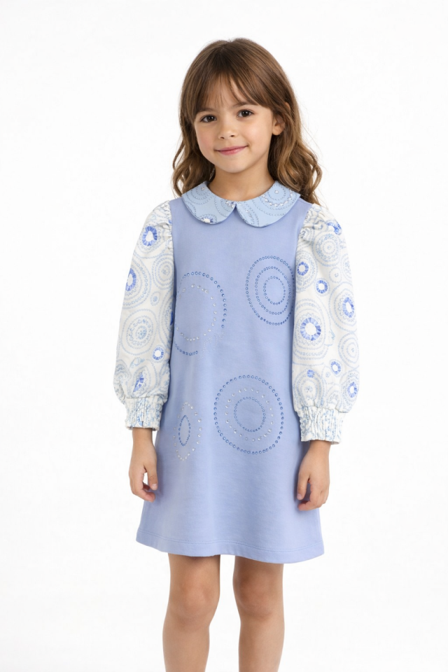 2-5 Yaş Kız Çocuk Mavi Elbise Taş Detaylı Peter Pan Yaka