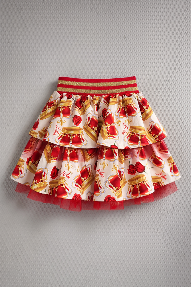 2-10 Yaş Kız Çocuk Desenli Fırfırlı Etek Kırmızı Altın Detaylı