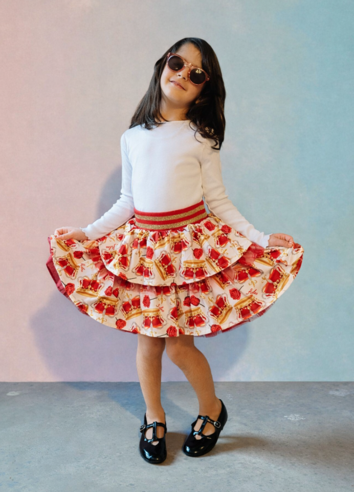 2-10 Yaş Kız Çocuk Desenli Fırfırlı Etek Kırmızı Altın Detaylı