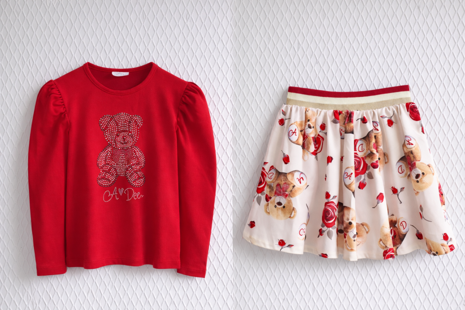 4-8 Yaş Kız Çocuk Kırmızı Taşlı Bluz Desenli Etek Takım