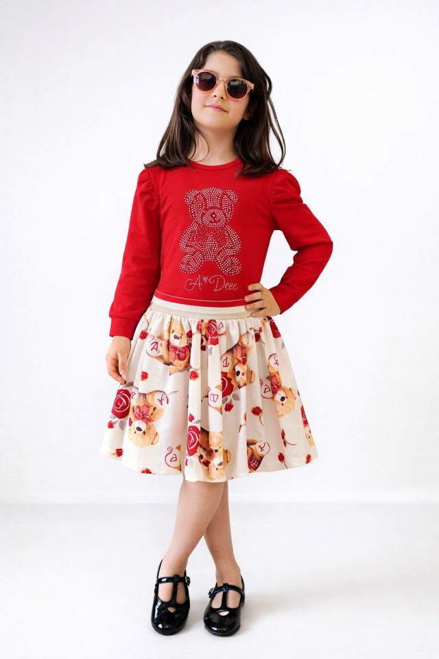 4-8 Yaş Kız Çocuk Kırmızı Taşlı Bluz Desenli Etek Takım