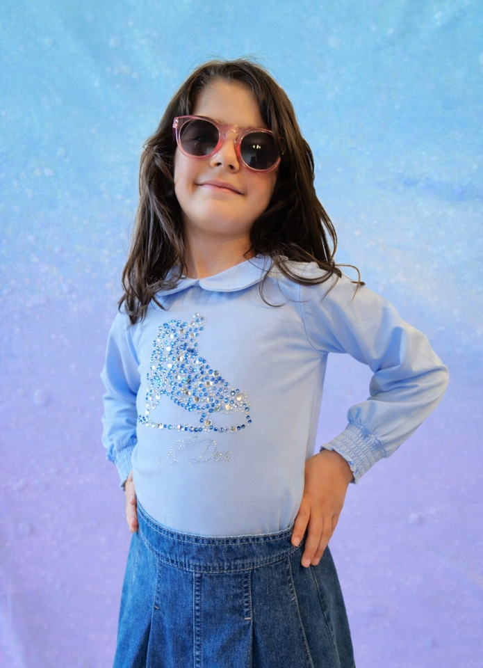 2-6 Yaş Kız Çocuk Açık Mavi Taş Detaylı Uzun Kollu Bluz