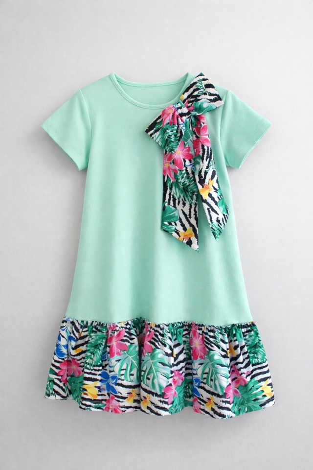 6-12 Yaş Kız Çocuk Mint Yeşili Tropikal Desenli Fiyonklu Elbise