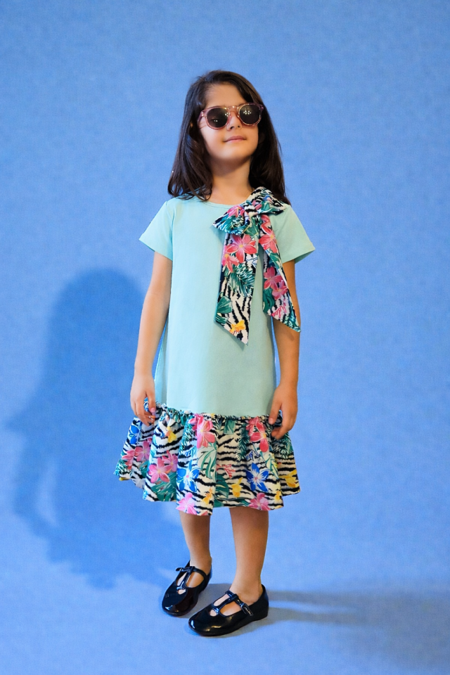 6-12 Yaş Kız Çocuk Mint Yeşili Tropikal Desenli Fiyonklu Elbise