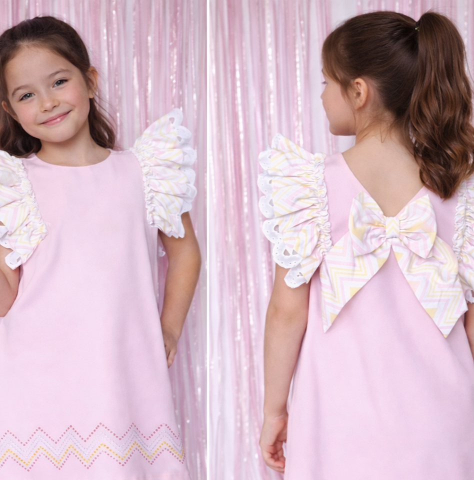 6-12 Yaş Kız Çocuk Pembe Fırfırlı Fiyonklu Elbise