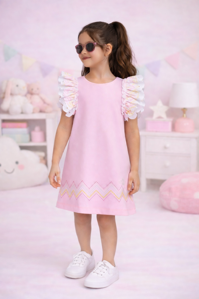 6-12 Yaş Kız Çocuk Pembe Fırfırlı Fiyonklu Elbise