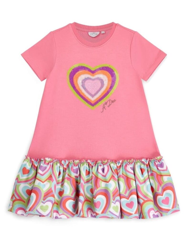 6-12 Yaş Kız Çocuk Pembe Kalp Desenli Yazlık Elbise