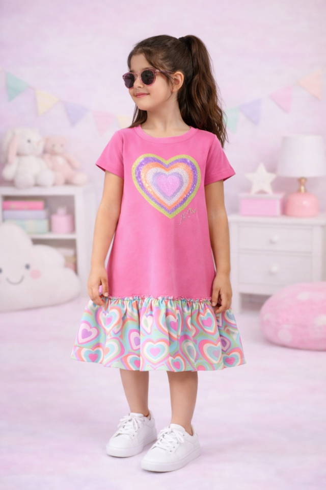 6-12 Yaş Kız Çocuk Pembe Kalp Desenli Yazlık Elbise