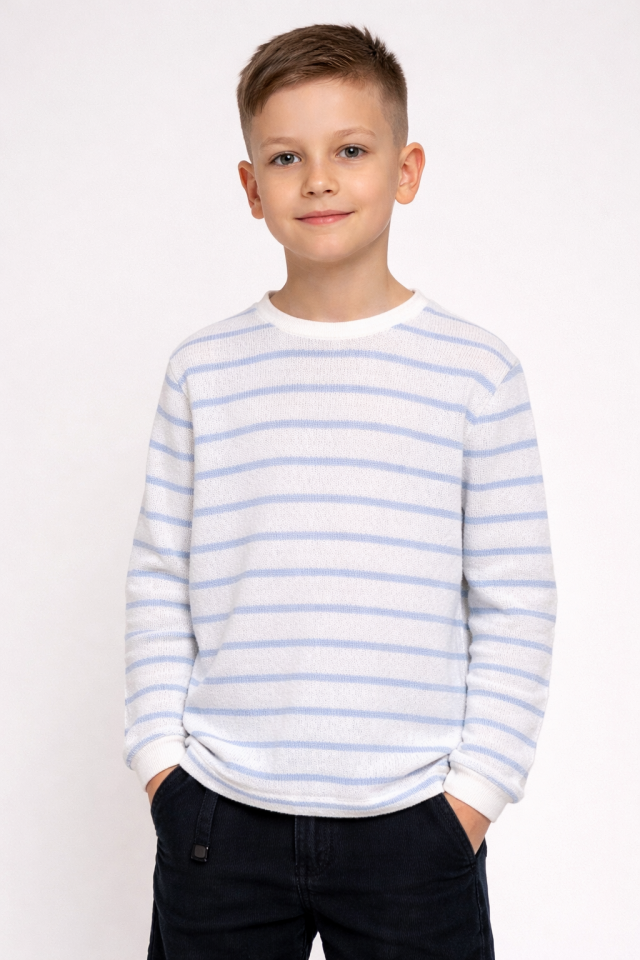 5-16 Yaş Erkek Çocuk Mavi Çizgili İnce Triko Kazak