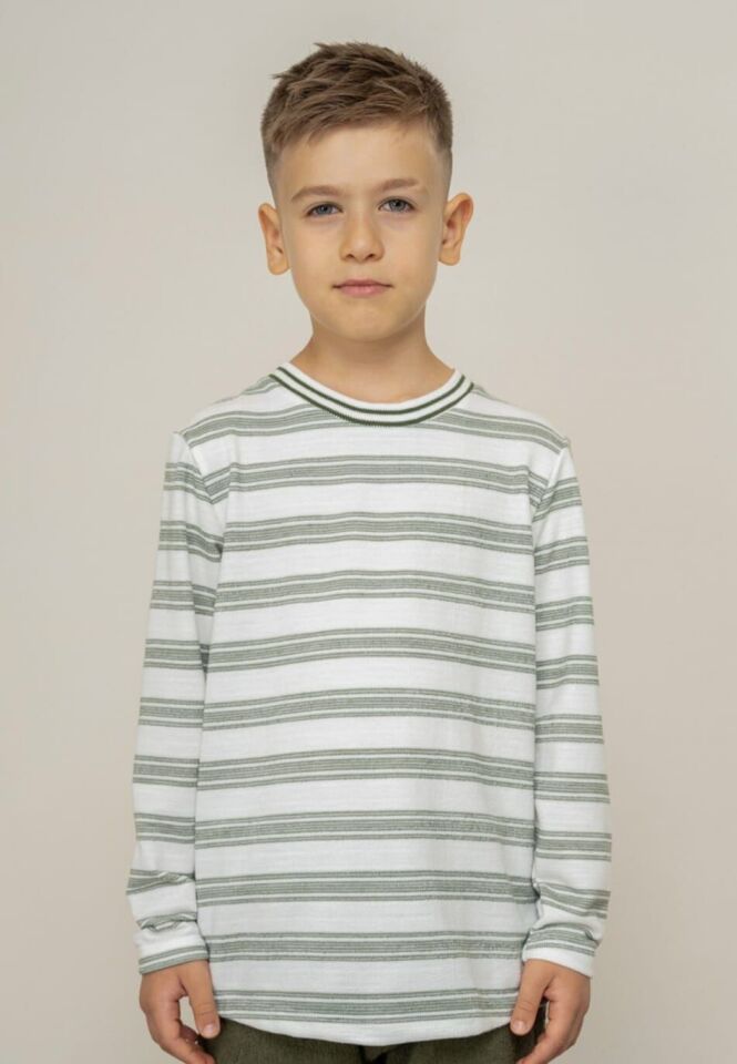 8-14 Yaş Erkek Çocuk Zeytin Yeşili Çizgili İnce Triko Kazak