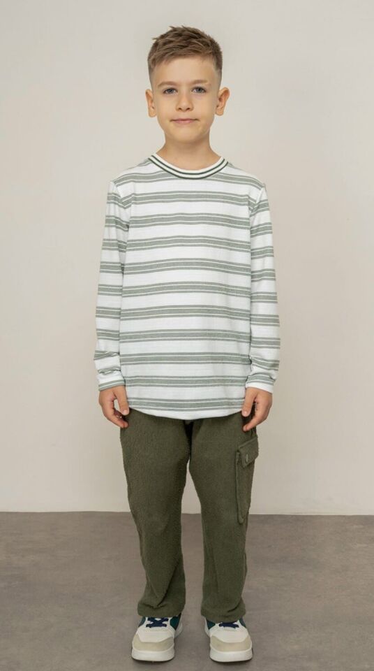 8-14 Yaş Erkek Çocuk Zeytin Yeşili Çizgili İnce Triko Kazak