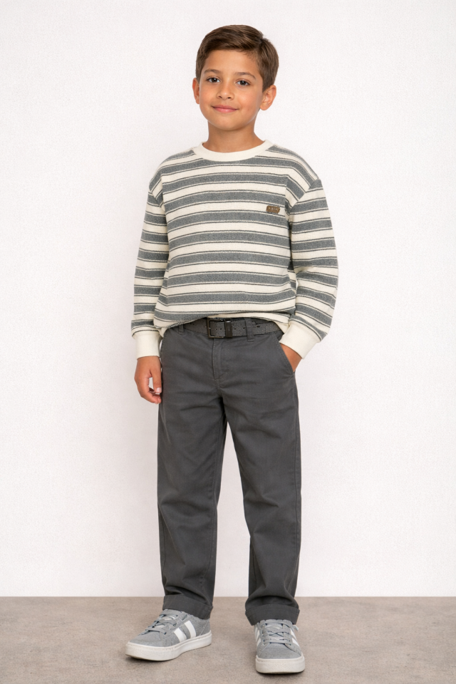 2-14 Yaş Erkek Çocuk Gri Ekru Çizgili Örme Sweatshirt