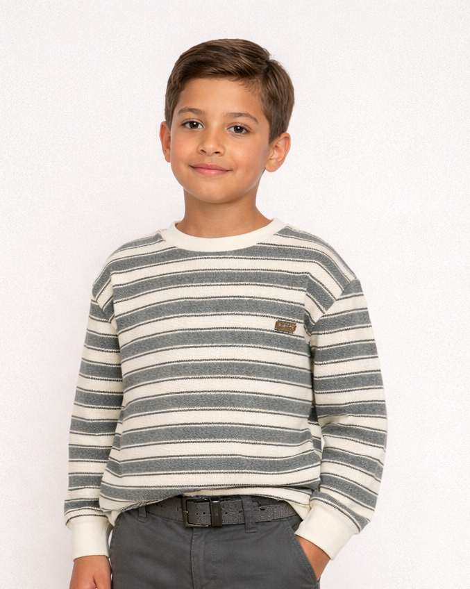 2-14 Yaş Erkek Çocuk Gri Ekru Çizgili Örme Sweatshirt