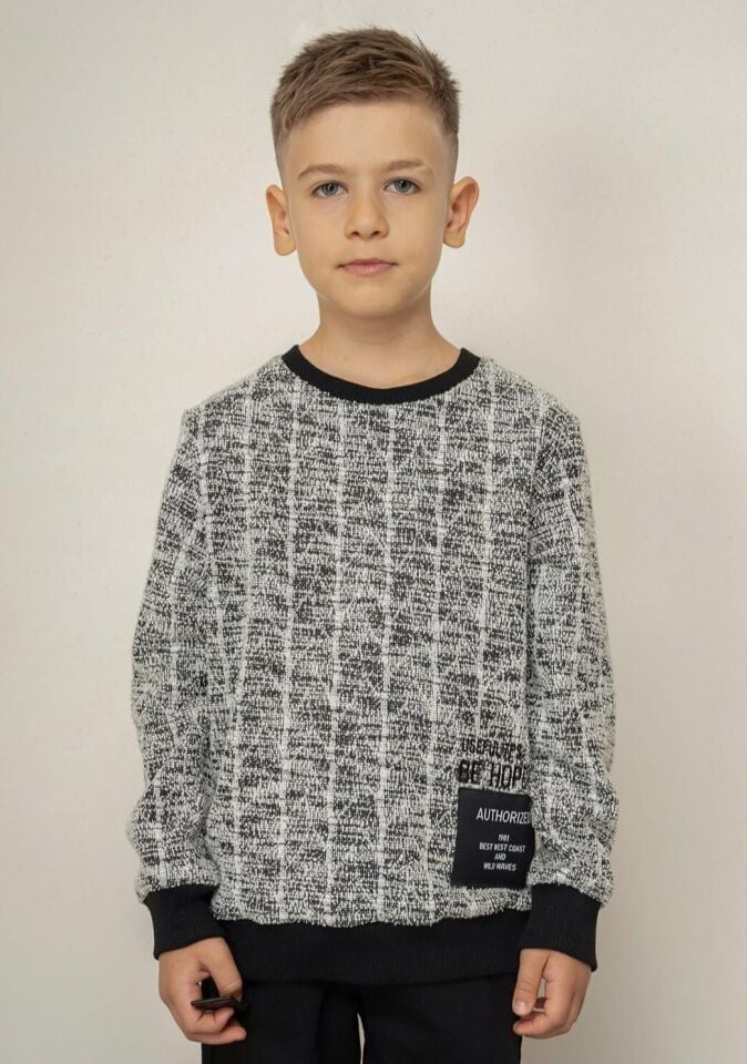 2-14 Yaş Erkek Çocuk Siyah Desenli Örme Sweatshirt