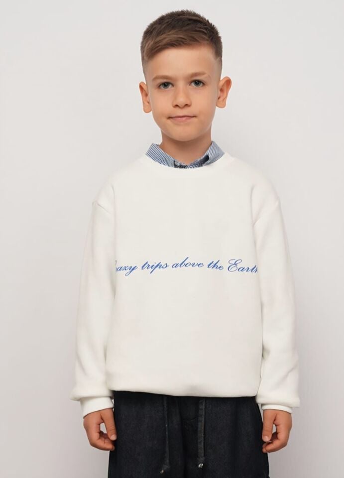 8-14 Yaş Erkek Çocuk Ekru Baskılı Selanik Sweatshirt