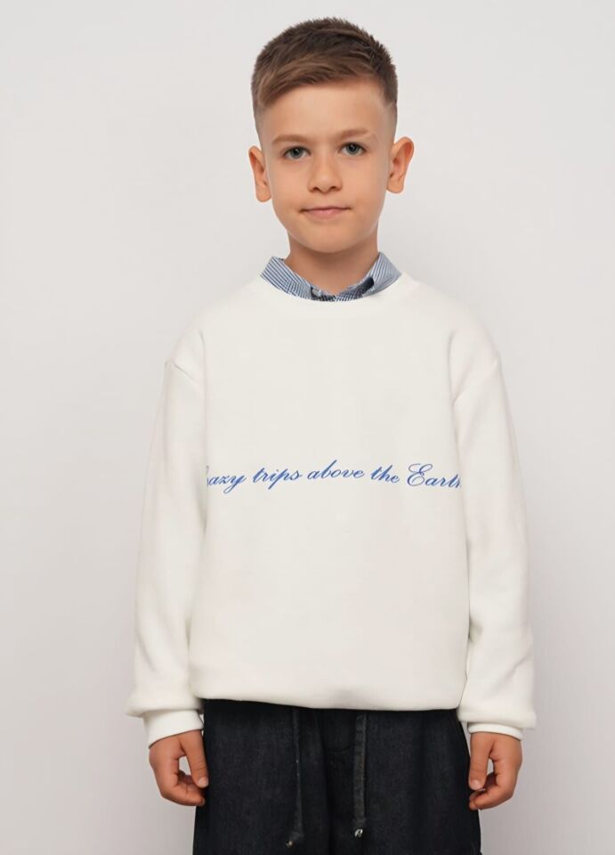 8-14 Yaş Erkek Çocuk Ekru Baskılı Selanik Sweatshirt