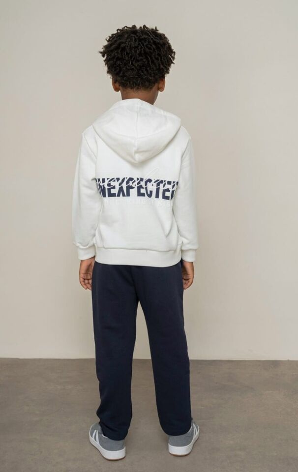 2-14 Yaş Erkek Çocuk Kapüşonlu Sweatshirt Eşofman Takımı Beyaz Lacivert