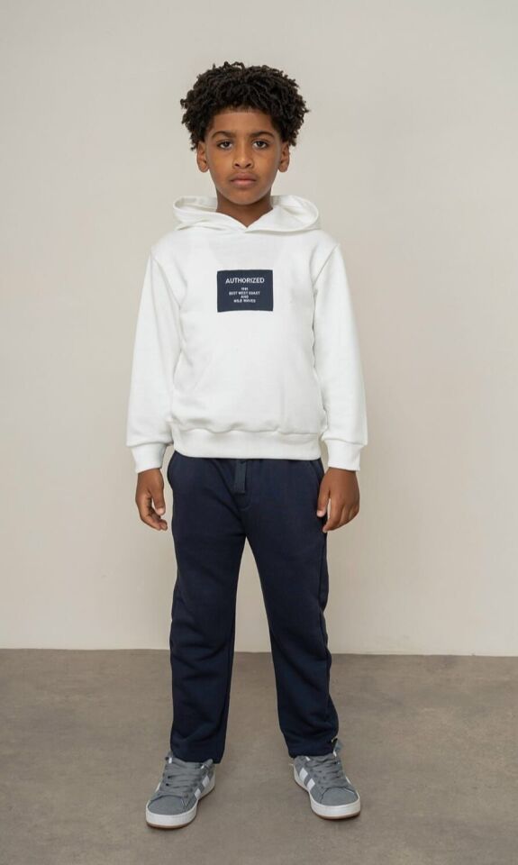 2-14 Yaş Erkek Çocuk Kapüşonlu Sweatshirt Eşofman Takımı Beyaz Lacivert