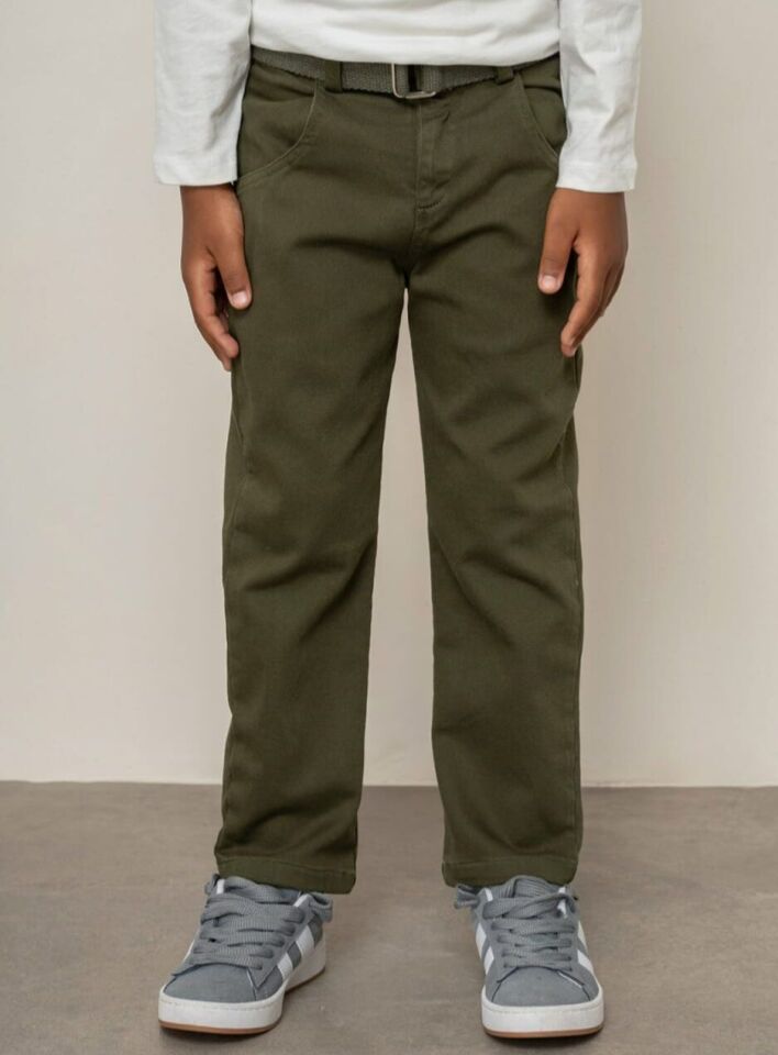 8-14 Yaş Erkek Çocuk Haki Gabardin Kemerli Şık Pantolon