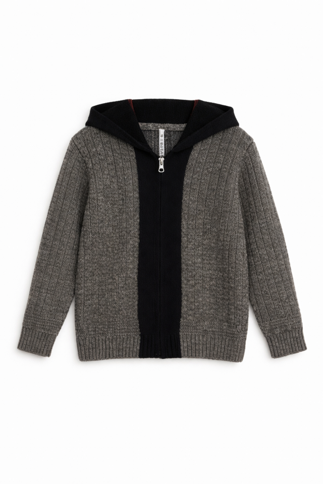 12 Ay-16 Yaş Erkek Çocuk Kapüşonlu Antrasit Triko Hırka