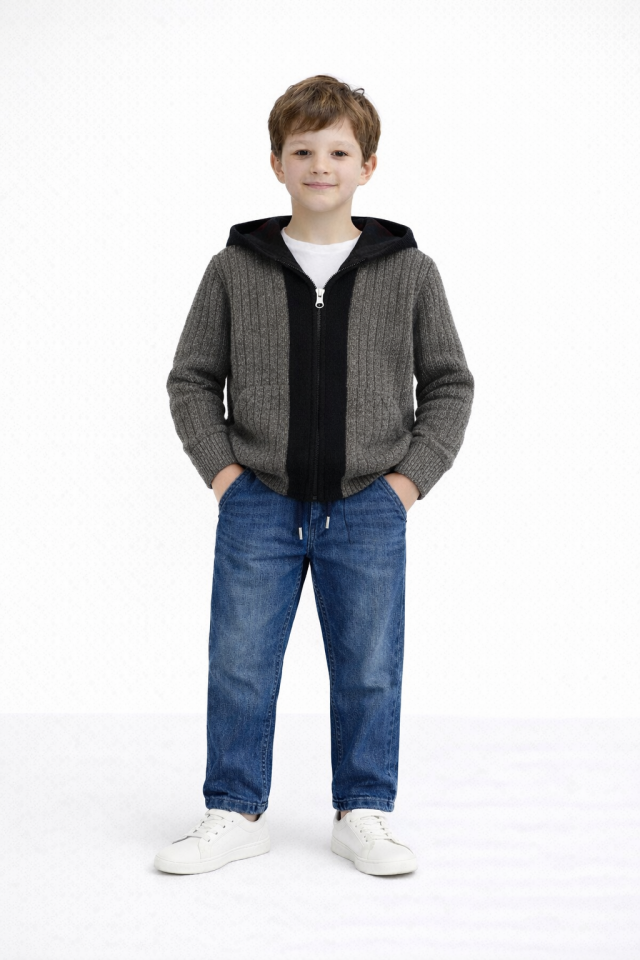 12 Ay-16 Yaş Erkek Çocuk Kapüşonlu Antrasit Triko Hırka