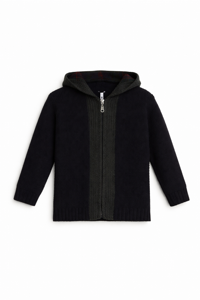 12 Ay-16 Yaş Erkek Çocuk Lacivert Kapüşonlu Fermuarlı Triko Hırka