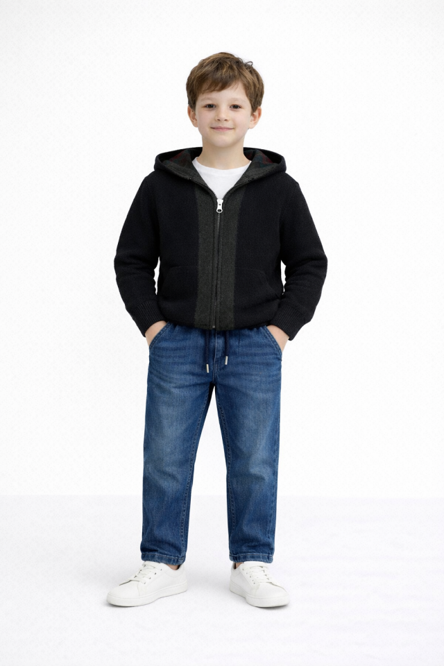 12 Ay-16 Yaş Erkek Çocuk Lacivert Kapüşonlu Fermuarlı Triko Hırka