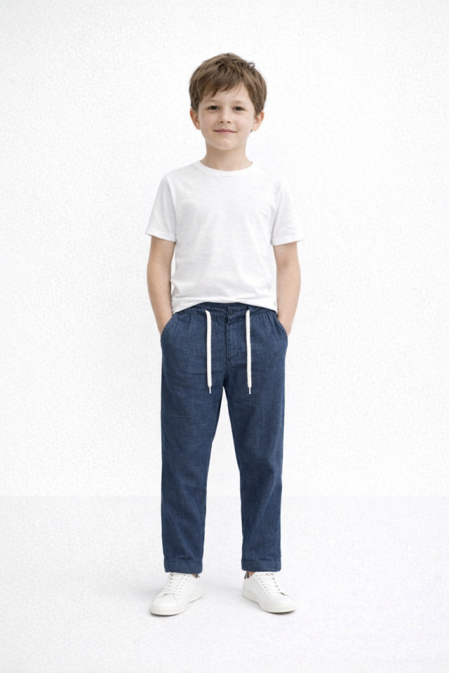 5-16 Yaş Erkek Çocuk Lacivert Bağcıklı Keten Pantolon