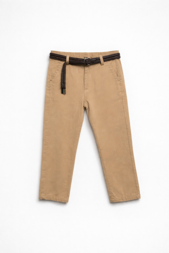 5-16 Yaş Erkek Çocuk Bej Örme Kemerli Pantolon
