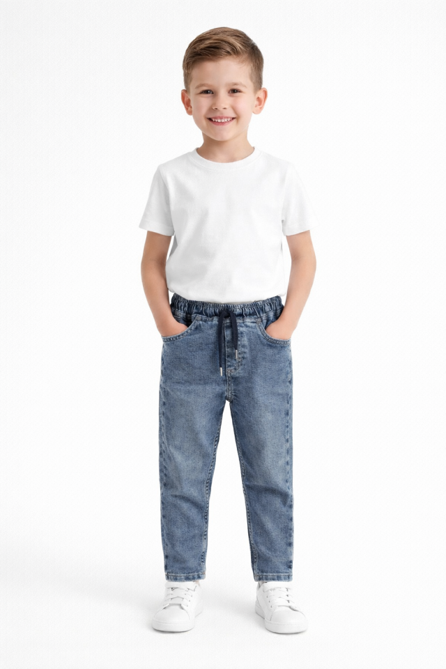5-16 Yaş Erkek Çocuk Lastikli Bel Denim Pantolon Jean
