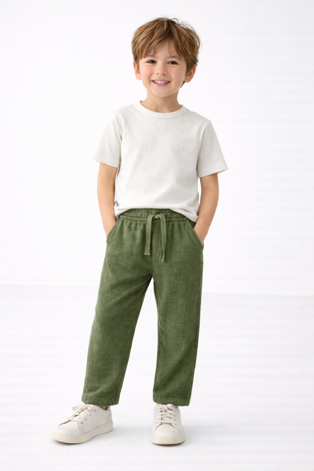 5-16 Yaş Erkek Çocuk Haki Müslin Pantolon