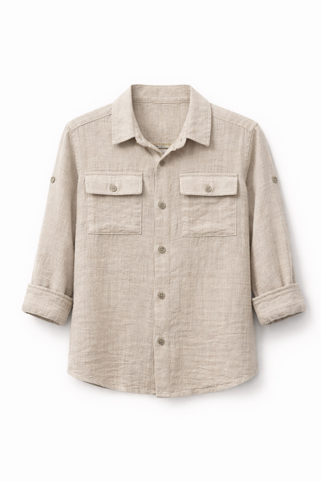 5-16 Yaş Erkek Çocuk Bej Keten Viskon Gömlek