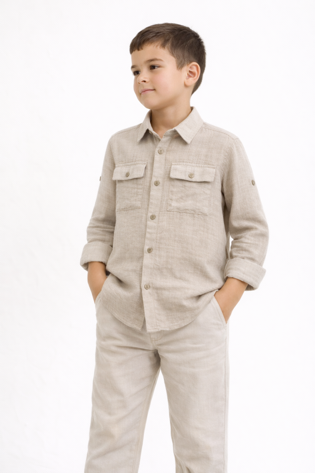 5-16 Yaş Erkek Çocuk Bej Keten Viskon Gömlek