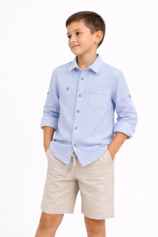 12 Ay-16 Yaş Erkek Çocuk Mavi Pamuklu Gömlek