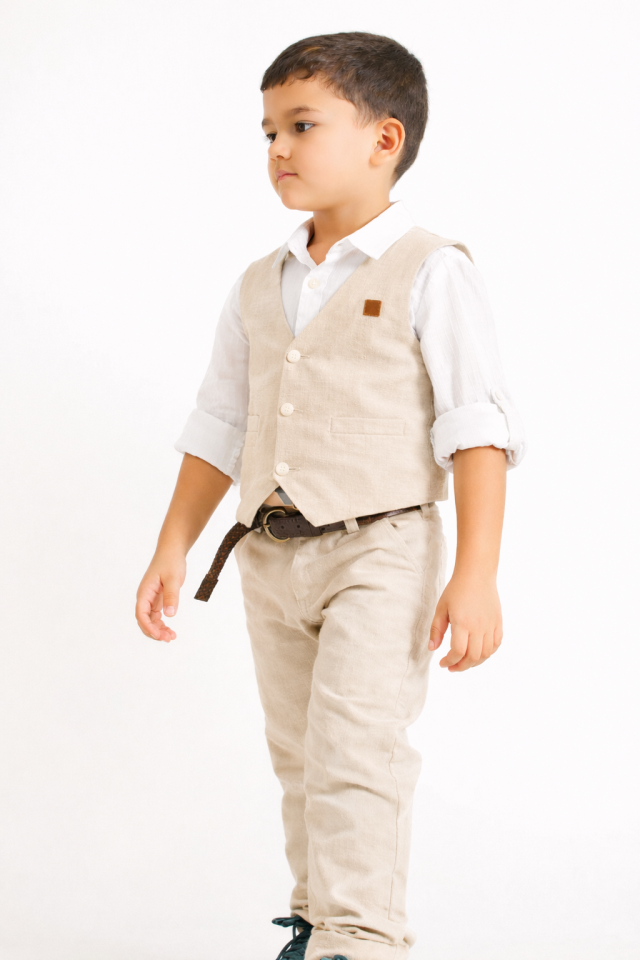 3-7 Yaş Erkek Çocuk Bej Yelekli Takım Elbise