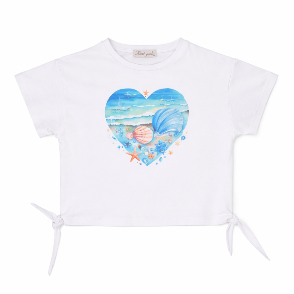 2-6 Yaş Kız Çocuk Deniz Temalı Kalp Baskılı Tişört