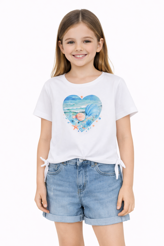 2-6 Yaş Kız Çocuk Deniz Temalı Kalp Baskılı Tişört