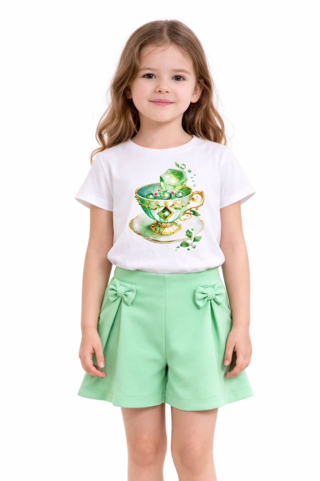 2-6 Yaş Kız Çocuk Fincan Baskılı Tişört Şort Takım