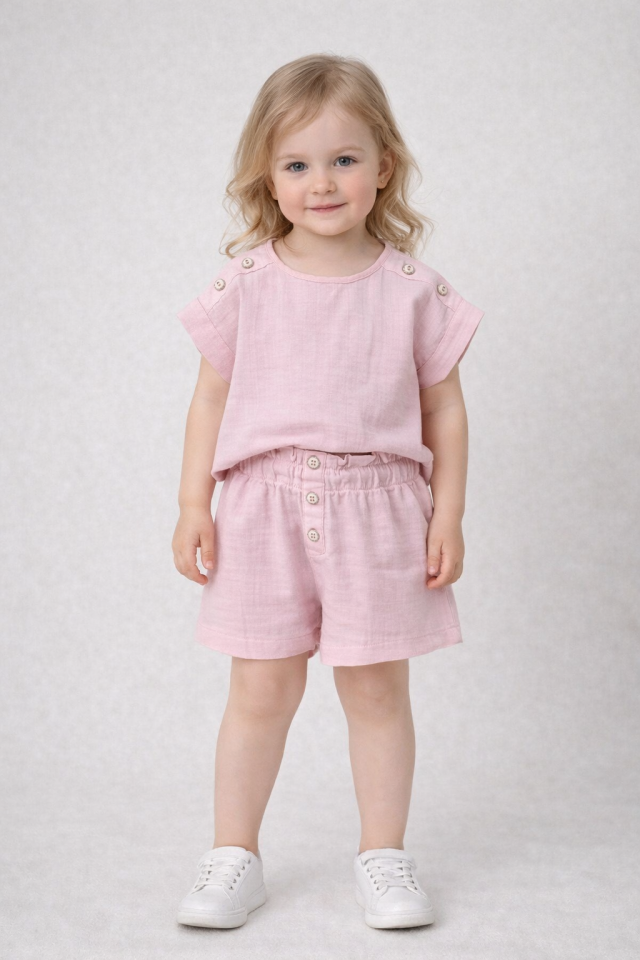 2-6 Yaş Kız Çocuk Pembe Müslin Şortlu Takım